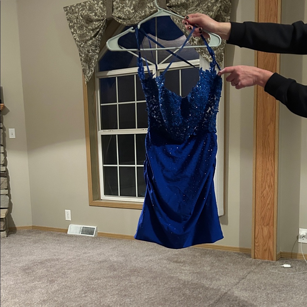 Blue Sequin Lace Bodice Cocktail Dress